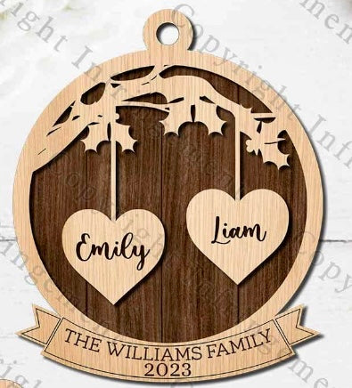 Family Hearts Christmas Personalized Ornament - 2 Names