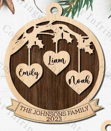 Family Hearts Christmas Personalized Ornament - 3 Names